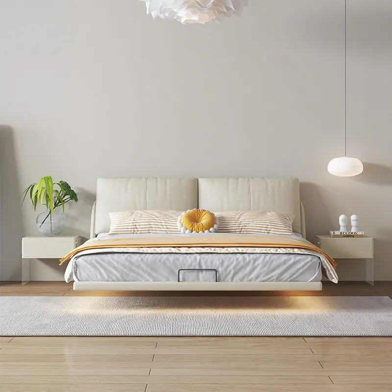 for Simple Modern Fabric Suspended Bed Cream Style Flush Edge Soft Bed Light Luxury Master Bedroom Double Soft Upholstered