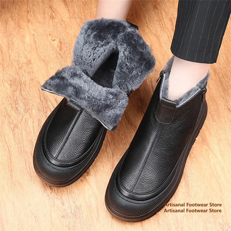 Black Leather Winter Ankle Boots Men's Thick Fleece Lined Side Zipper Anti-Slip Thick Sole Warm Casual Men's Snow Booties