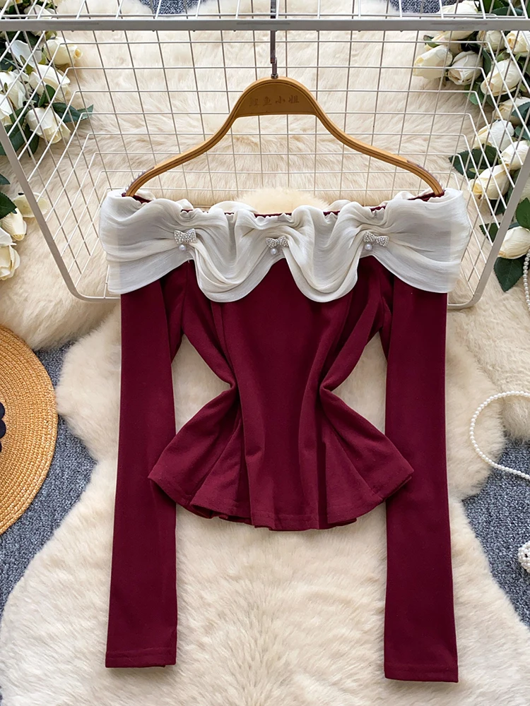 

Women Autumn Blouse Celebrity Style Studded Pleated One-shoulder Long sleeve Fungus Collar Mini Short T-shirt Pullover Top BL289