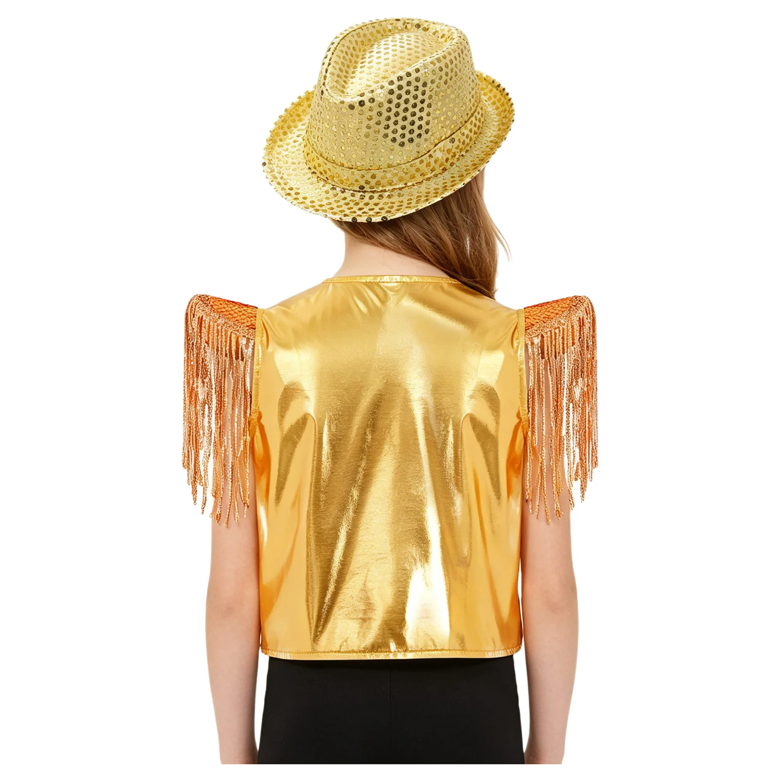 Kids Boys Girls Disco Jazz Dance Performance Outfit Cap Sleeves Tassel Sequins Metallic Vest with Hat for Hip Hop Rave Party