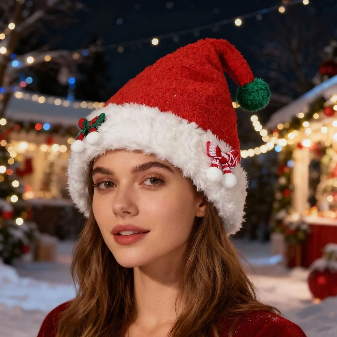 หมวกไหมพรมกันหนาวสำหรับผู้หญิง ตกแต่งคริสต์มาส มีที่ปิดหู โบว์ หมวกซานต้าแบบหนา