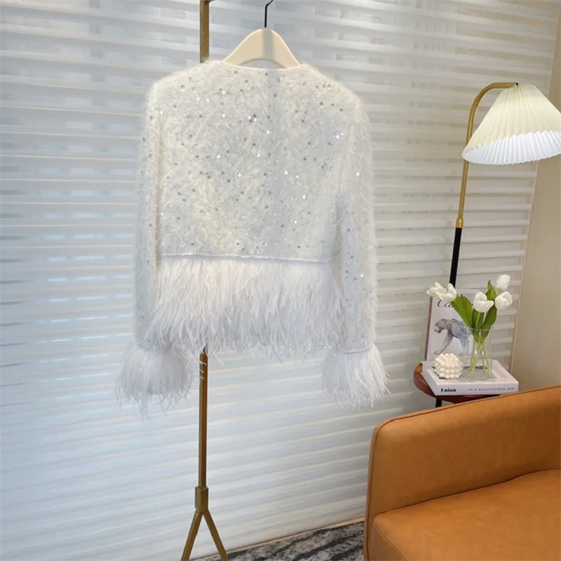 Spring 2023 New Stitching Feather High-Quality White Coat Women\'s Fashionable Party Round Neck Sequin Jacket