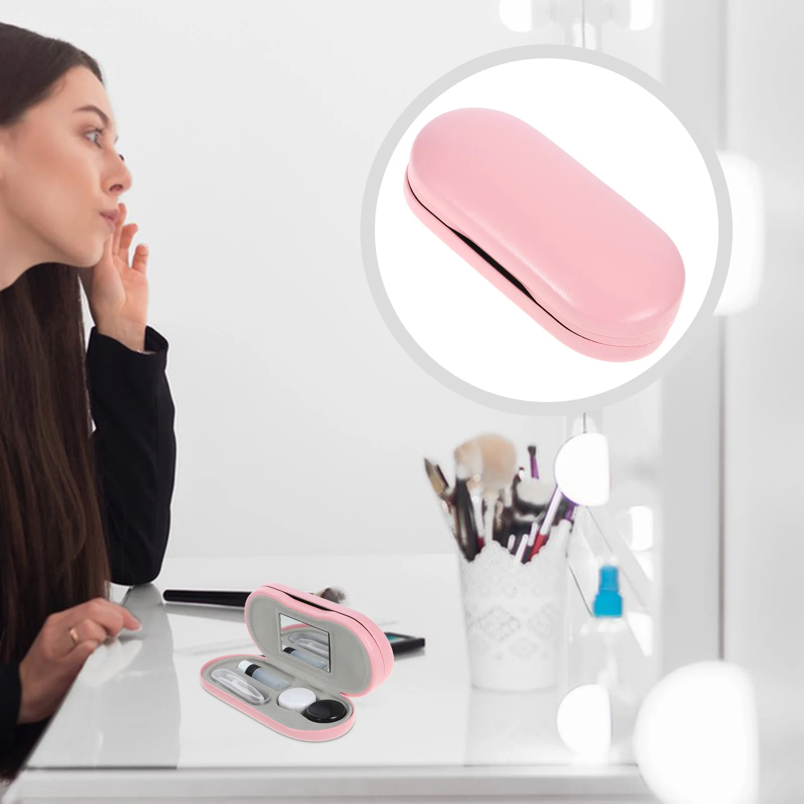 

1Set Glasses Case PU Material Leakproof Contact Lens Holder Double Layer Portable Travel Eyewear Box Convenient Multipurpose