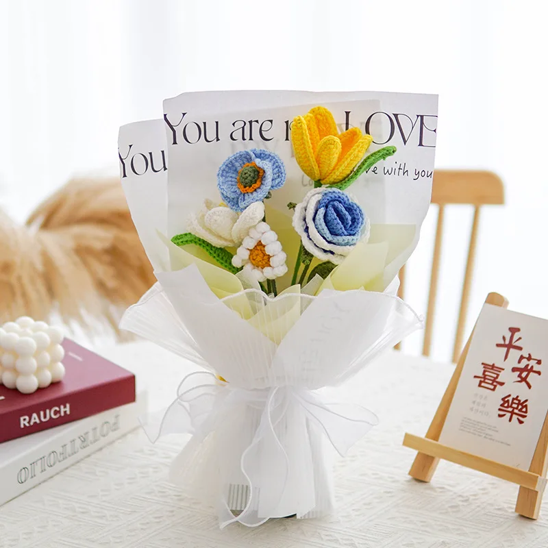 Hand-woven Popcorn Artificial Flower Finished Crochet Rose Bouquet Gift Home Flower Arrangement Material Eternal Flower