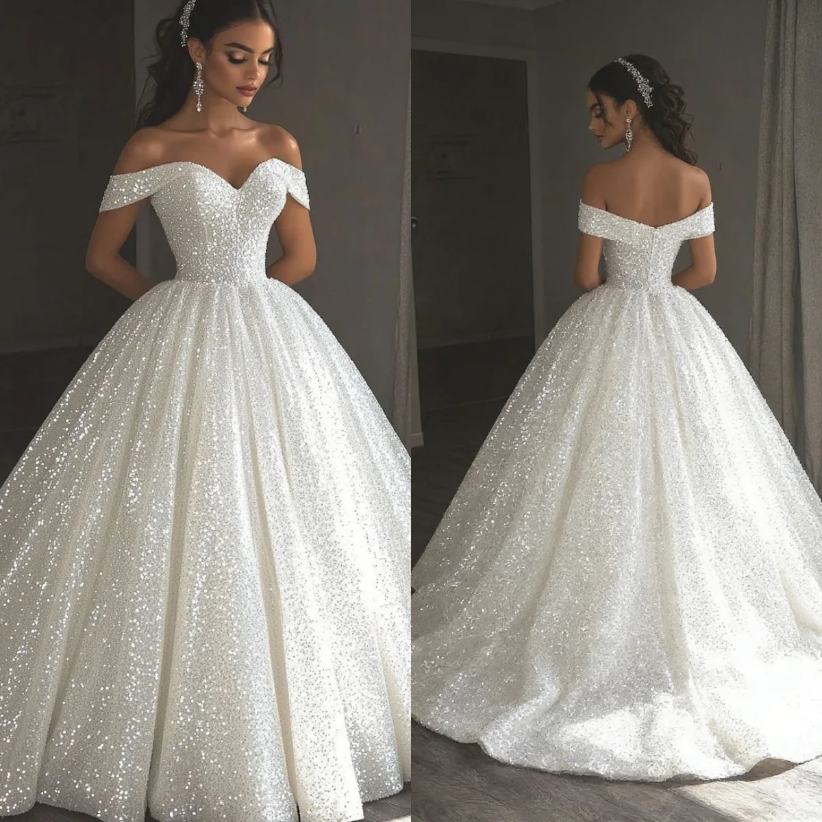 Luxuriöses schulterfreies, glitzerndes Pailletten-Ballkleid Hochzeitskleid 2026 mit Kathedralenschleppe Brautkleid Übergröße Vestido De Novia Maßanfertigung