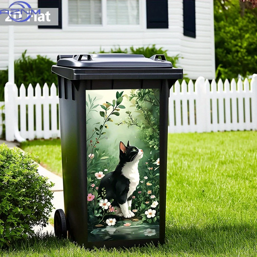1PCBlack And White Cat Sticker for Trash Cans in a 2D Flat Forest Style, Waterproof And Easy to Remove, Suitable for Bins, Wal