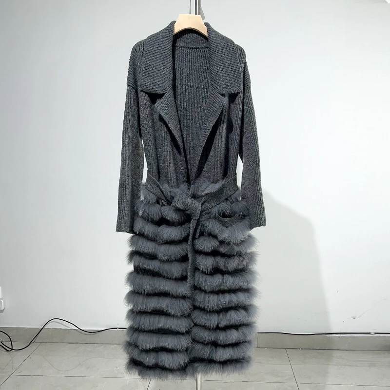 Manteau Long en fourrure de renard véritable pour femmes, tricot surdimensionné, ample, bande de fourrure de renard cousue ensemble, décoration extérieure, printemps, 2022