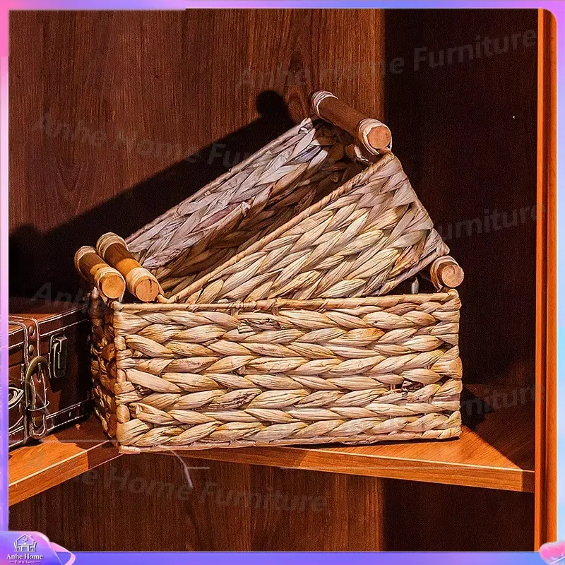Square Water Hyacinth Pet Bed Woven Cat Dog House Natural Rattan Basket Soft Cushion Kennel Puppy Kitten Sleeping Mat Home