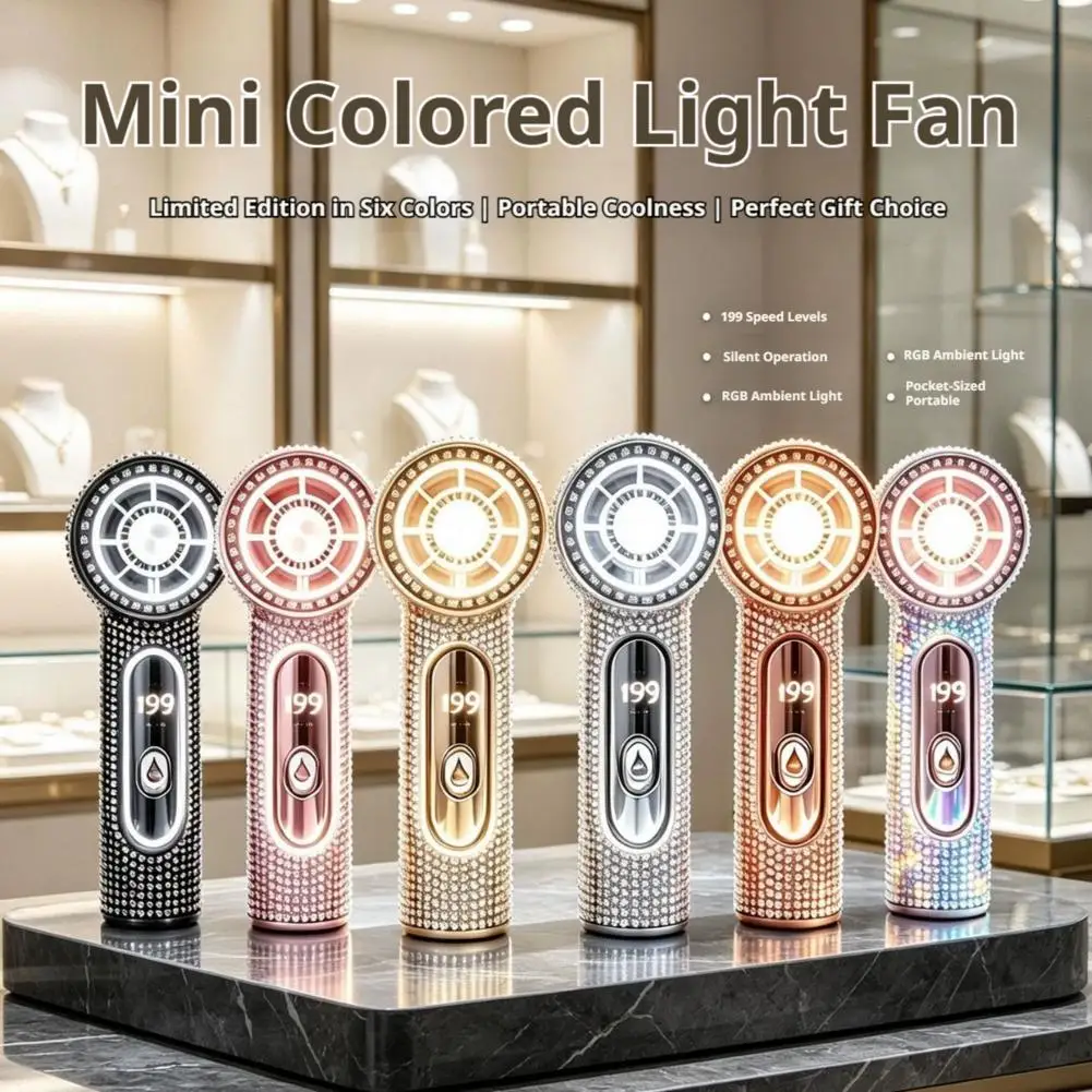 Digital Display Rhinestone Handheld Fan Sparkling 199 Gears Portable Hand Fan Quiet Operation Strong Wind Personal Electric Fan