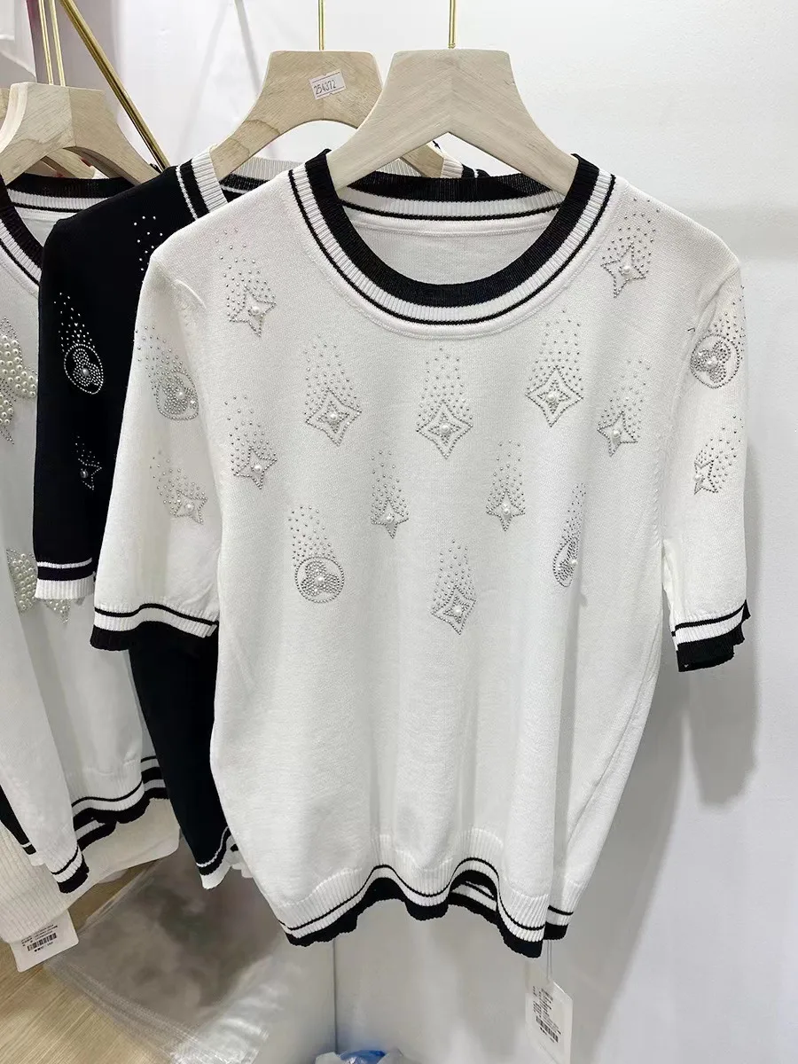 Stylish Sweater For Women Summer 2024 New Fashion Beading Embroidery Short Sleeve Knitwear Tops Elegant Chic Ladies Jumper