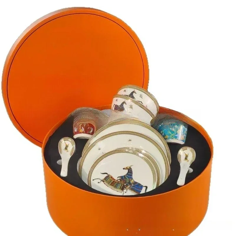 Light luxury hotel table matu ceramic painted flower tea cup saucer bowl spoon restaurant retro countertop complete set