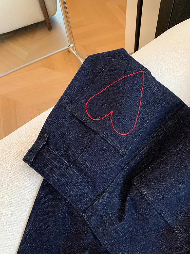 Tamanho grande em forma de coração impresso jeans feminino 2025 nova cintura alta calças de perna larga retro azul solto casual calças de perna reta