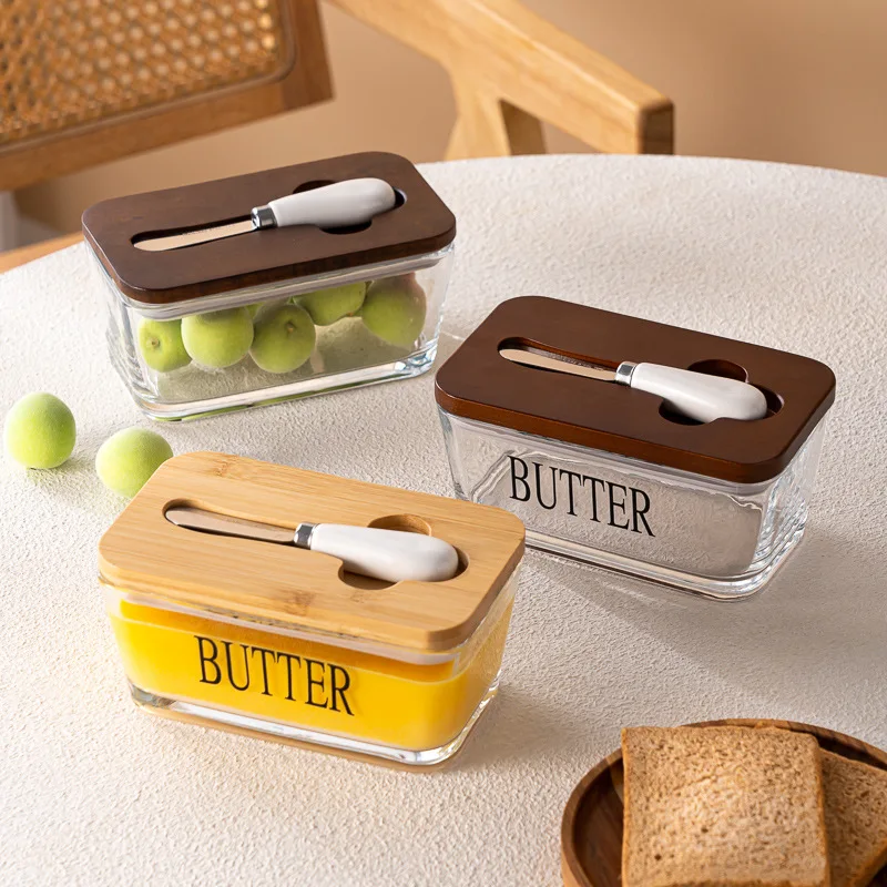 600Ml Glass Butter Box with Lid and Knife,Rectangular Cheese Fresh-keeping Sealed Storage Jar,Butters Stick Dish,Food Organzier