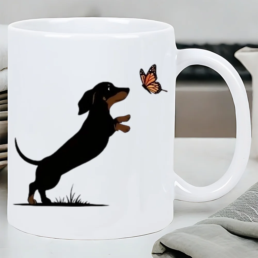 Cute Dachshund & Butterfly Ceramic Coffee Mug - White with B