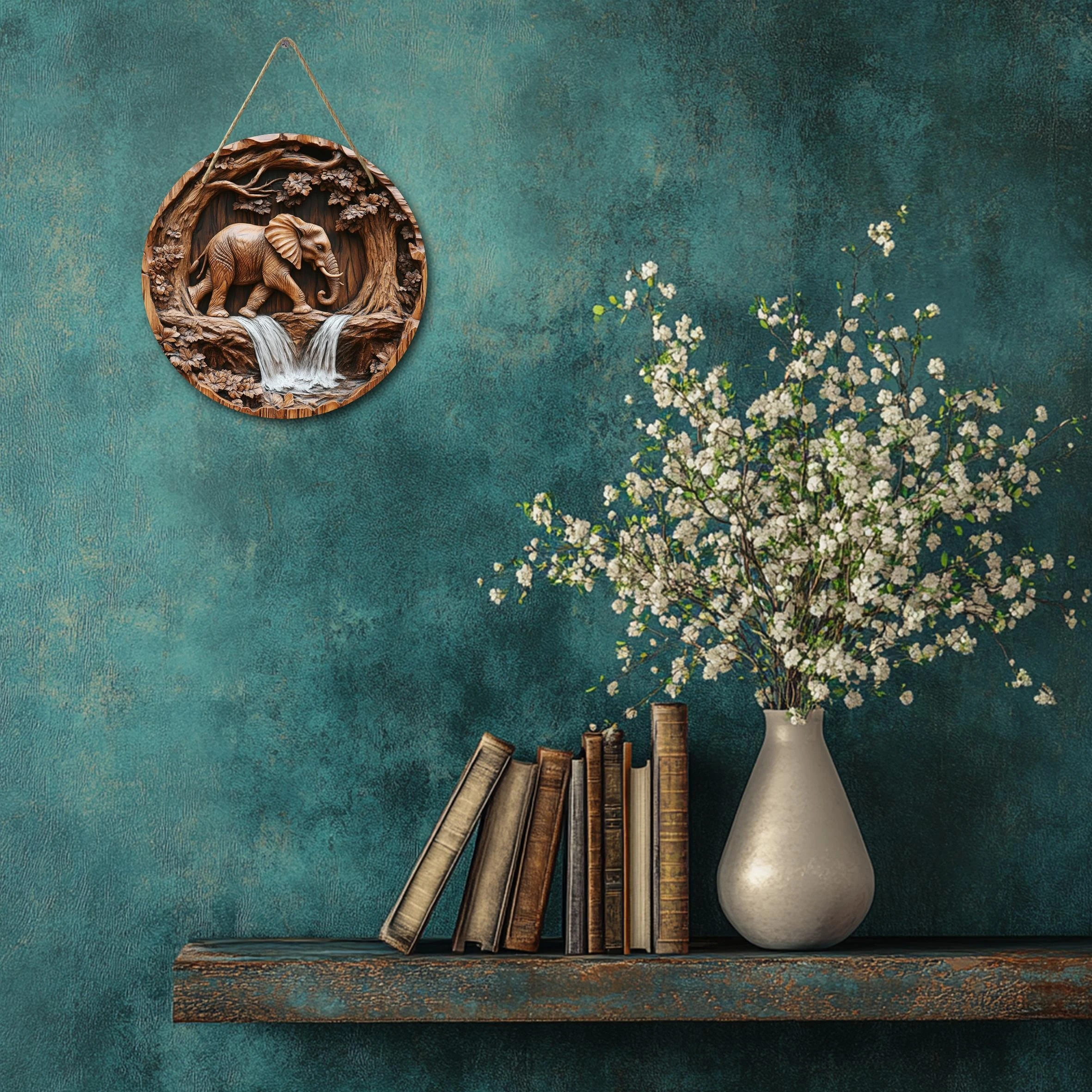 1 Pcs 2D Wooden Hanging Sign Vintage Elephant Theme 8 Inch Round Sign Home Bar Garage Cafe & Garden Lucky Pray Elephant Decor