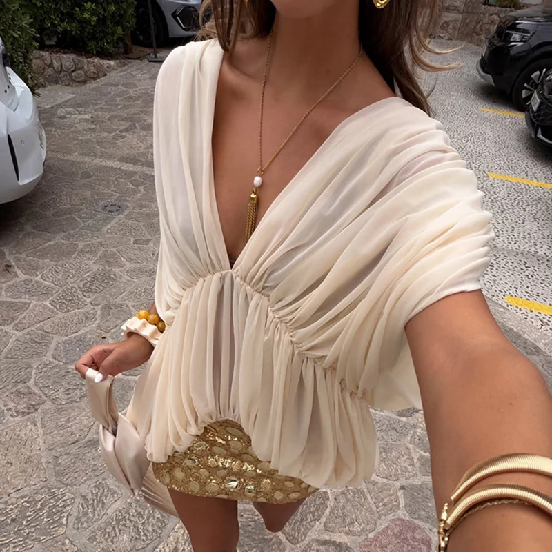 Women Solid Chiffon Crop Top New Deep V‑Neck Batwing Sleeve Gathered Pleated Blouse Loose Ruffle Hem Party Clubwear Casual Shirt