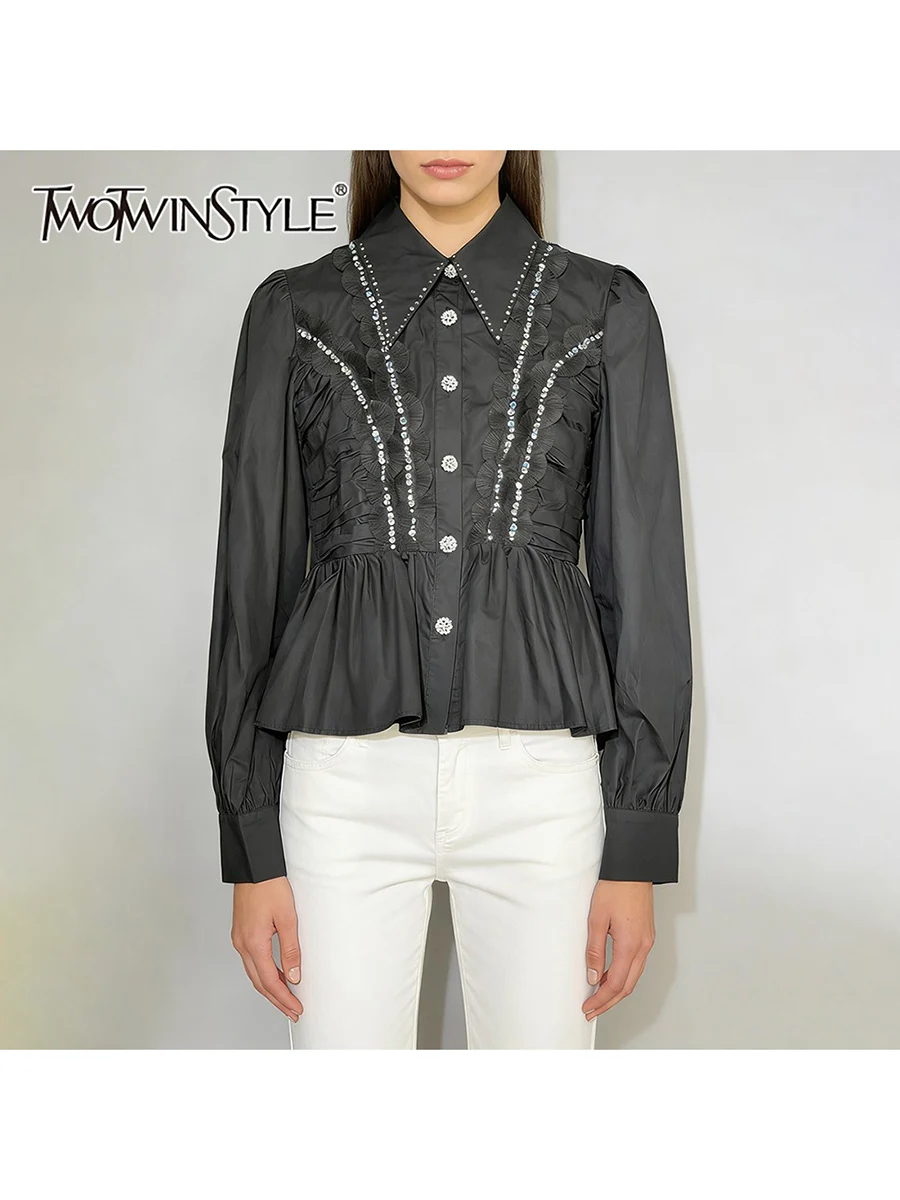 

TWOTWINSTYLE Solid Slimming Spliced Bead Fashion Shirts for Women Lapel Long Sleeves Patchwork Ruffles Folds Shirt Female New