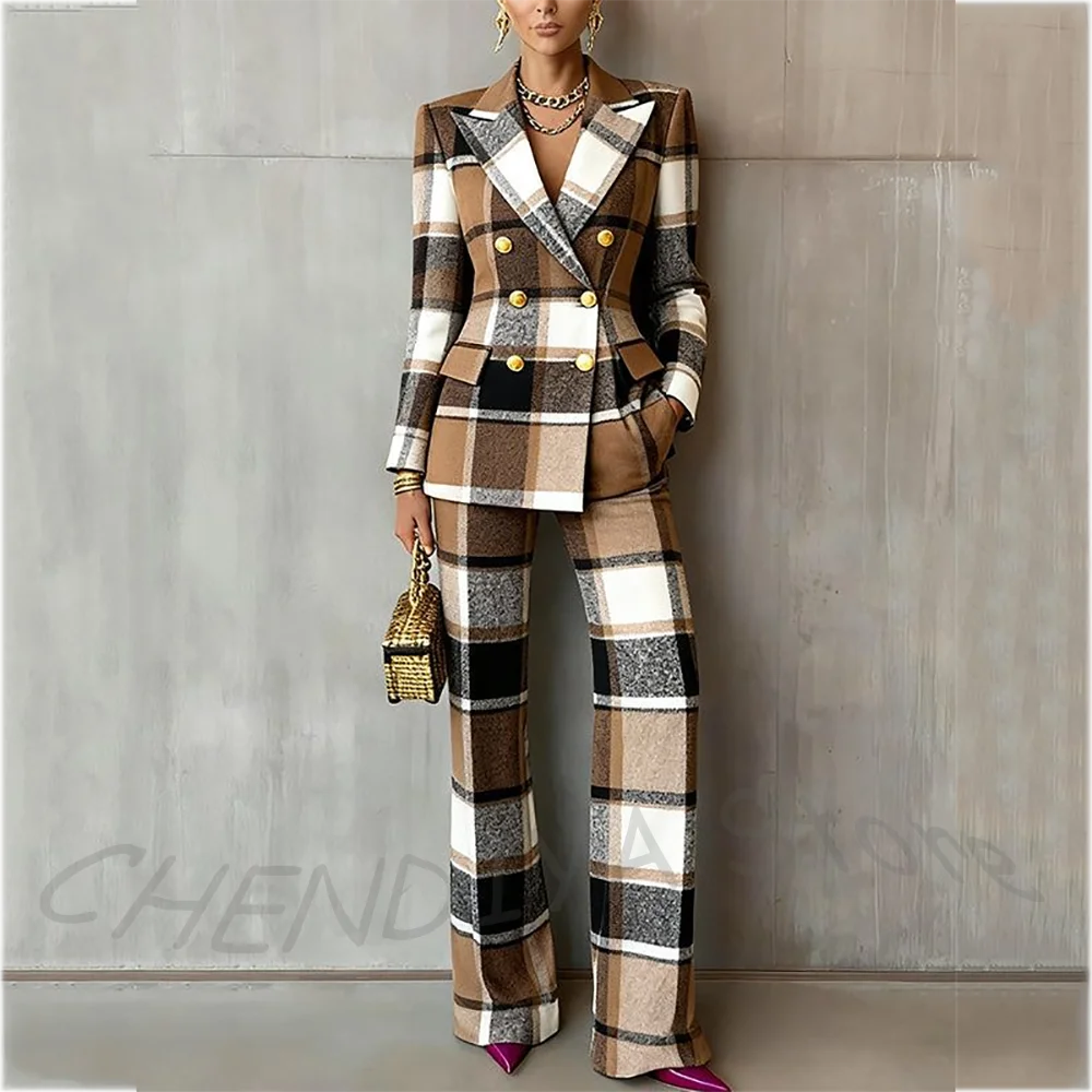 

Elegant Plaid Customzied Women Suit Jacket Pants Modern Outfit Double Breasted Peaked Lapel Formal Party Fashion Clothes Set