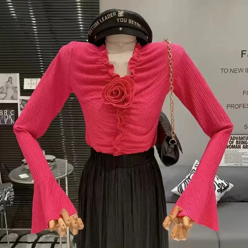 Pink Ruffled Flare Sleeve Blouse With Rose Applique Princess Style Women's Top Slim Fit Spring Autumn Fashion