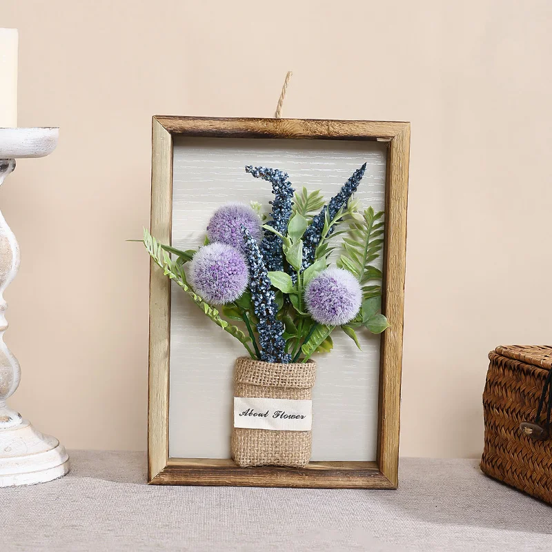 1PC-23CM artificial hairball.Lotus grass picture frame.indoor living room wall hanging decoration simulation flower wood frame