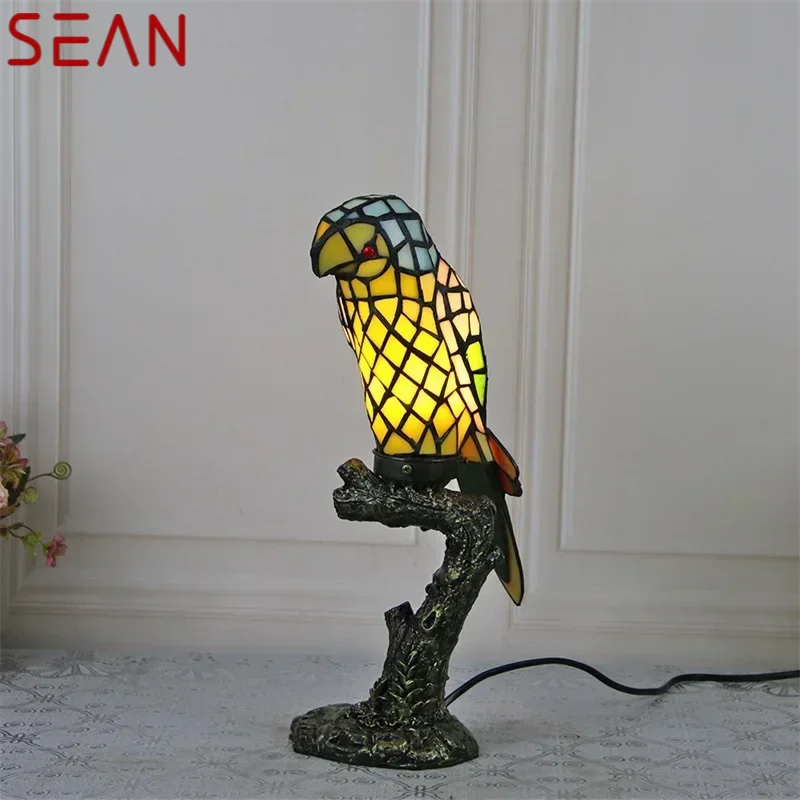 SEAN Tiffany Parrot Table Light LED Creative Fine Color Glass Desk Lamp For Home Living Room Study Bedside Decor