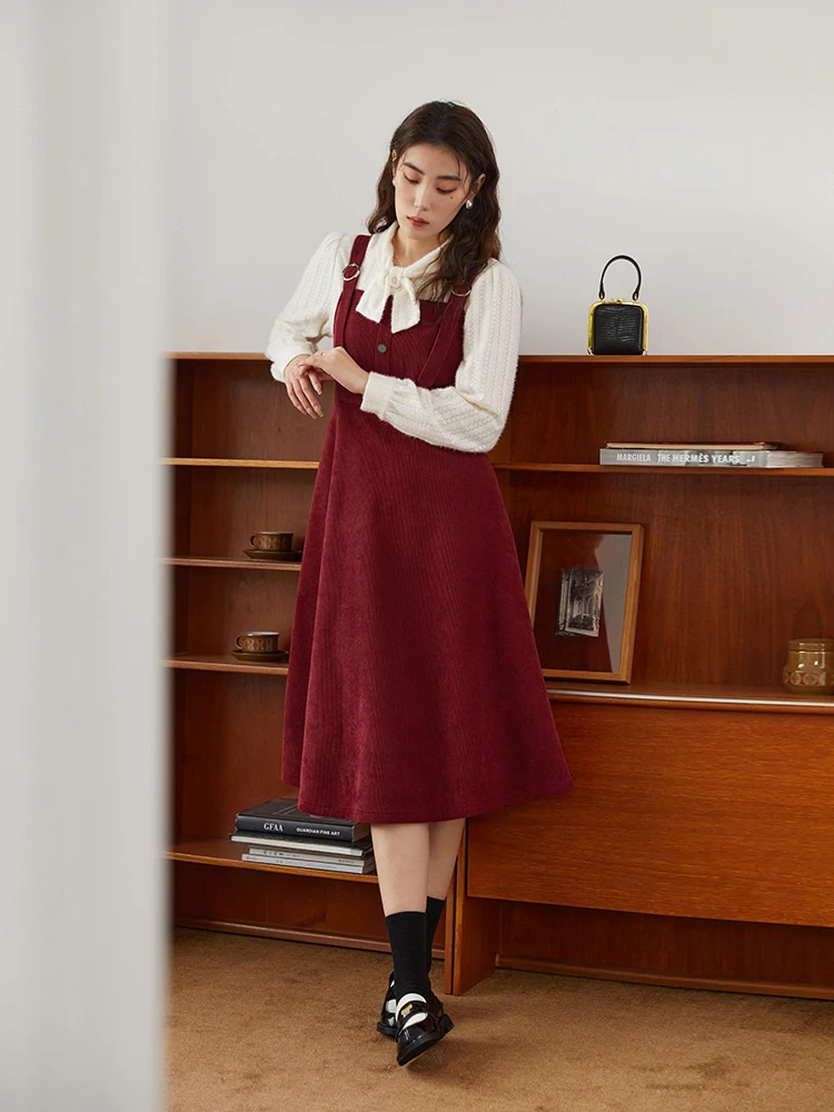 DUSHU Gentle Wind Sweet Corduroy Suspender Dress Women Autumn Winter Slim Thin Elegant Vintage Solid Color Female Strap Dress