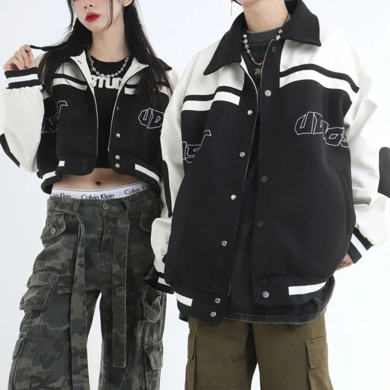 American Vintage Hip Pop Sport Coat Women Men Couple Autumn Letter Print Contrast Short Baseball Jacket Fashion Preppy Clothing