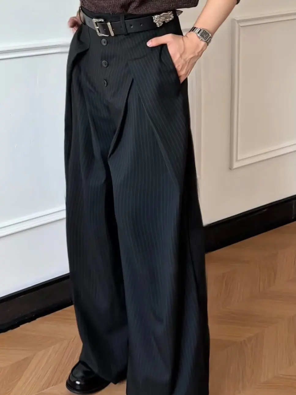 

Gray Casual Wide Leg Suit Pants Men Women American Retro Style Drapey Loose Fit Teenage Autumn Fashion Polyester Blend