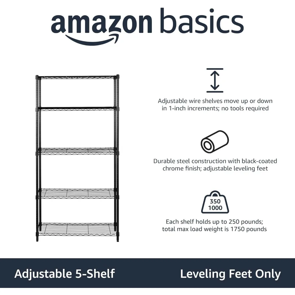 5-Shelf Adjustable, Heavy Duty Wide Storage Shelving Unit (350 lbs Loading Capacity per Shelf), Steel Organizer Wire Rack