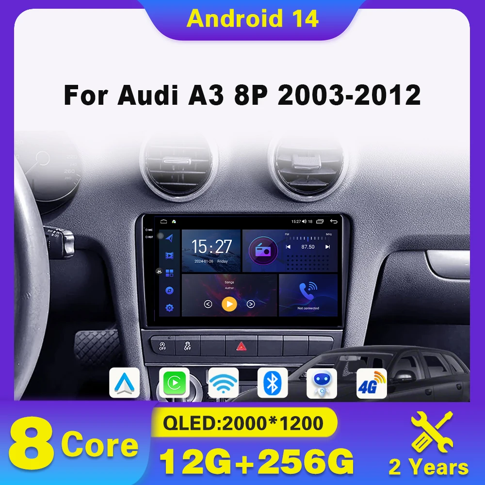 

Android 14 Car Radio For Audi A3 8P 2003-2012 Carplay Multimedia GPS Navigation 4G WIFI 9 inch Touch Screen autoradio 2din dvd