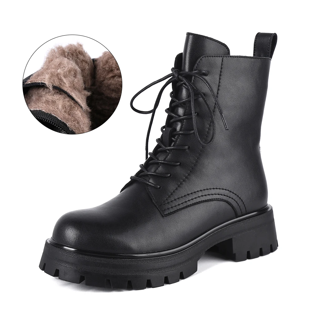 Taoffen Thick Plush Ankle Boots Women Lace up Keep Warm Block Heels Round Toe Anti-slip Boots Thick Water Proof Zipper Shoes