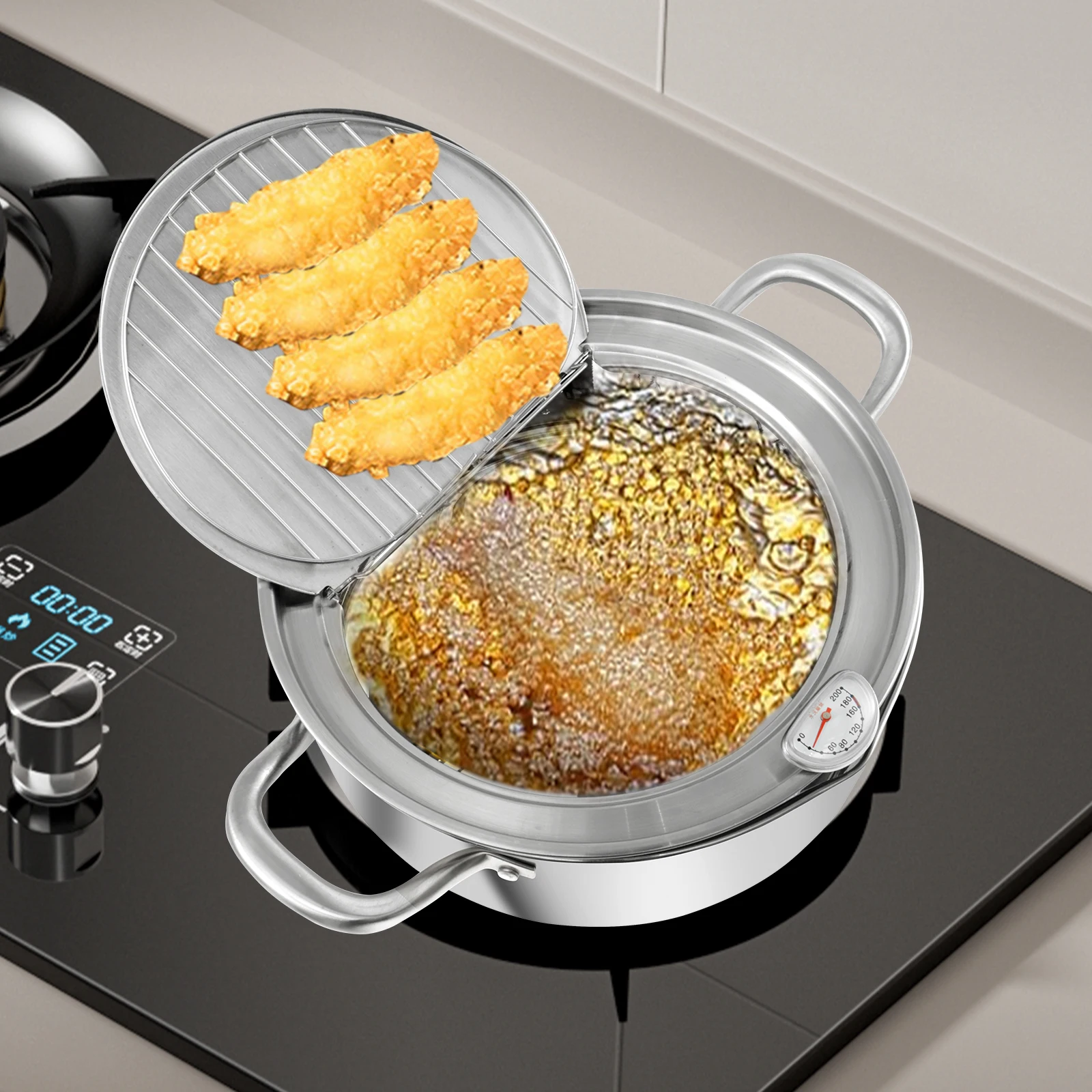 

3.8/2.6L Stainless Steel Deep Fryer Japanese Style Deep Fryer Pot with Thermometer and Lid Small Deep Fryer Tempura Fryer Pan