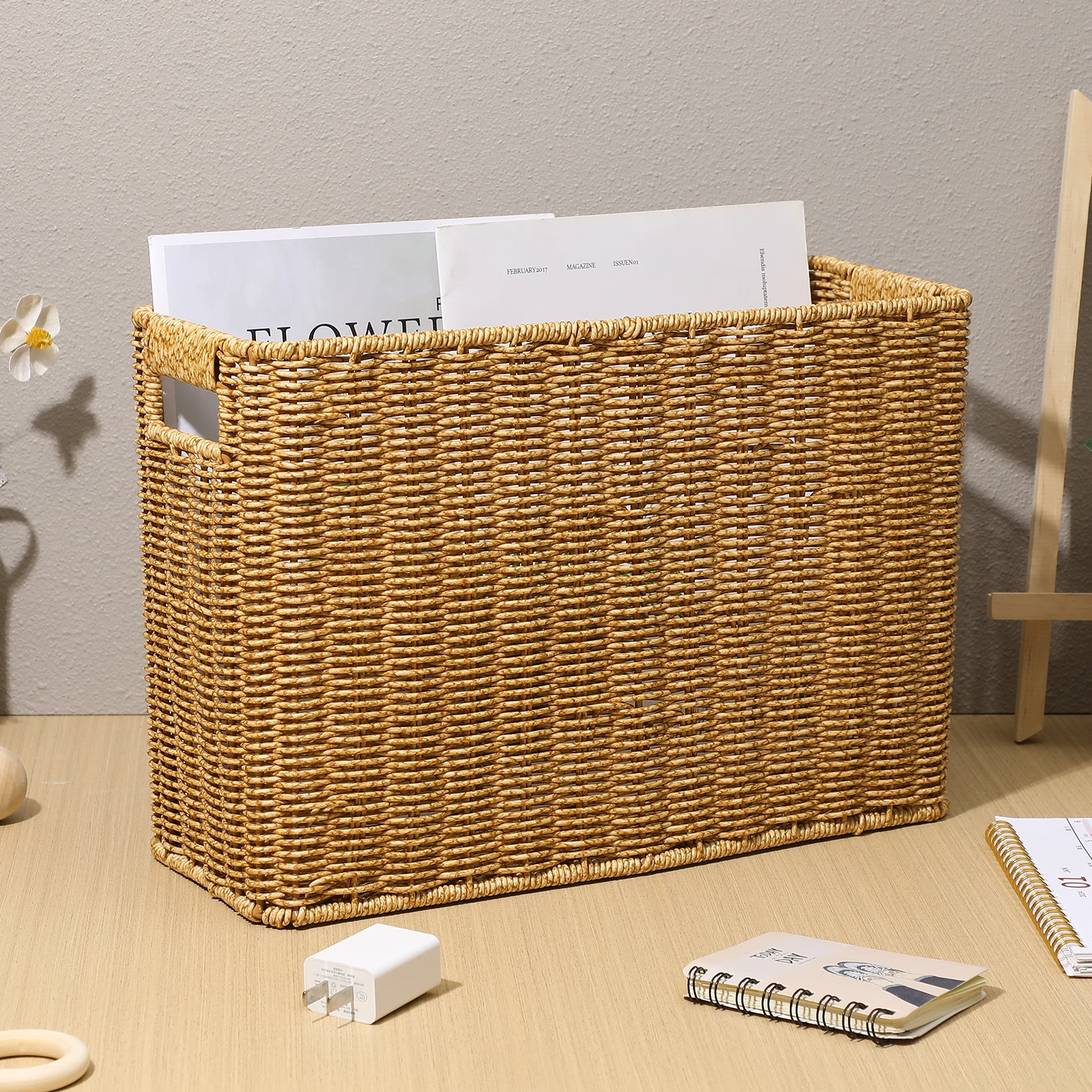 

Rattan Sundry Box Basket Handle Shelves Magazines Baskets Plastic Woven Bin Household Woven Storage Box Large Space Convenient