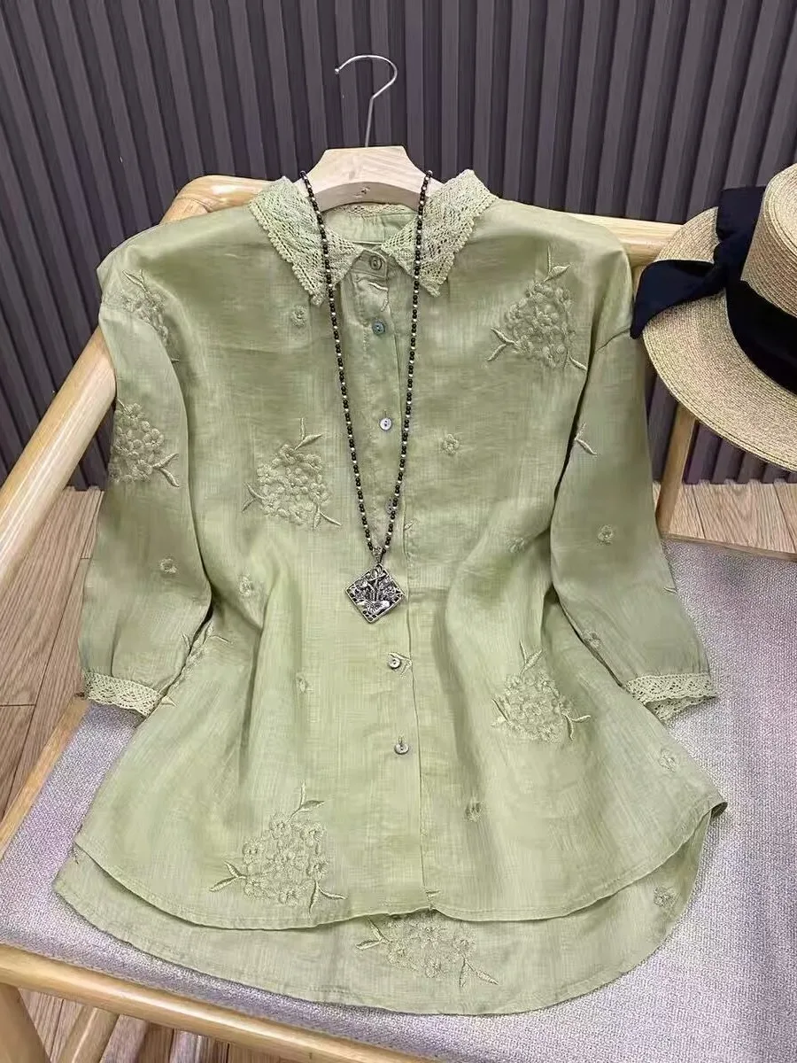 New Chinese Sle Heavy Embroidery Lace Trim Linen irt Women Summer Loose Collar Cotton Linen Open Cardigan Top