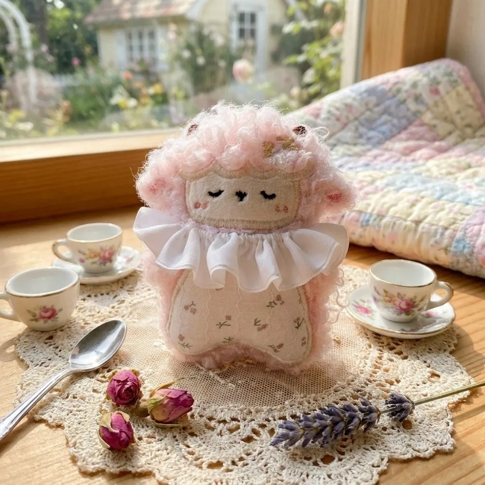 Zodiac Goat Curly-Haired Sheep Keychain Soft Stuffed Bag Charm Mascot Lamb Key Ring Ruffle Collar Floral