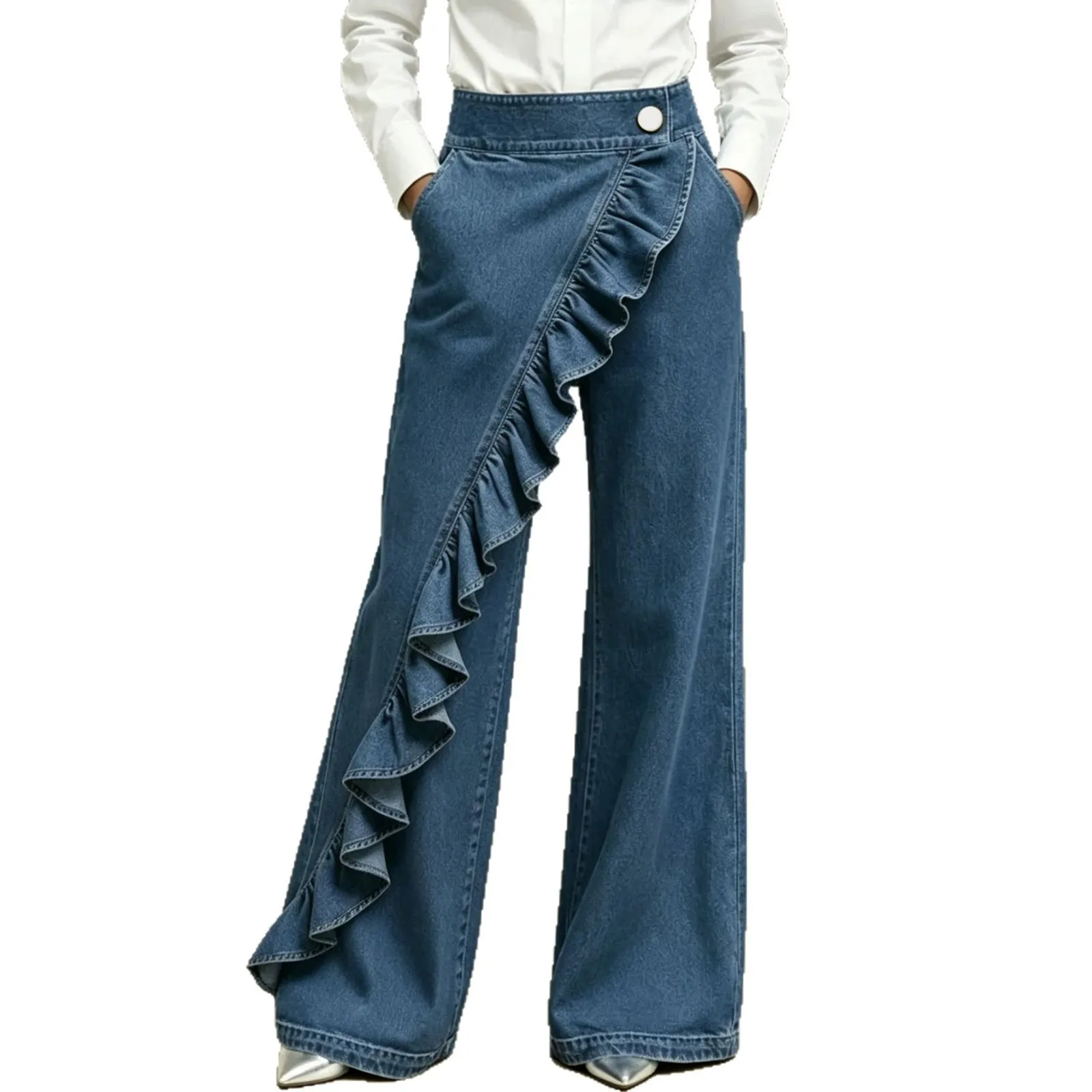 Wash Jeans Ruffle Wide Leg Elegant Style with Western Autumn Regular Thickness High Waist Full Length Casual Women Jeans Pants