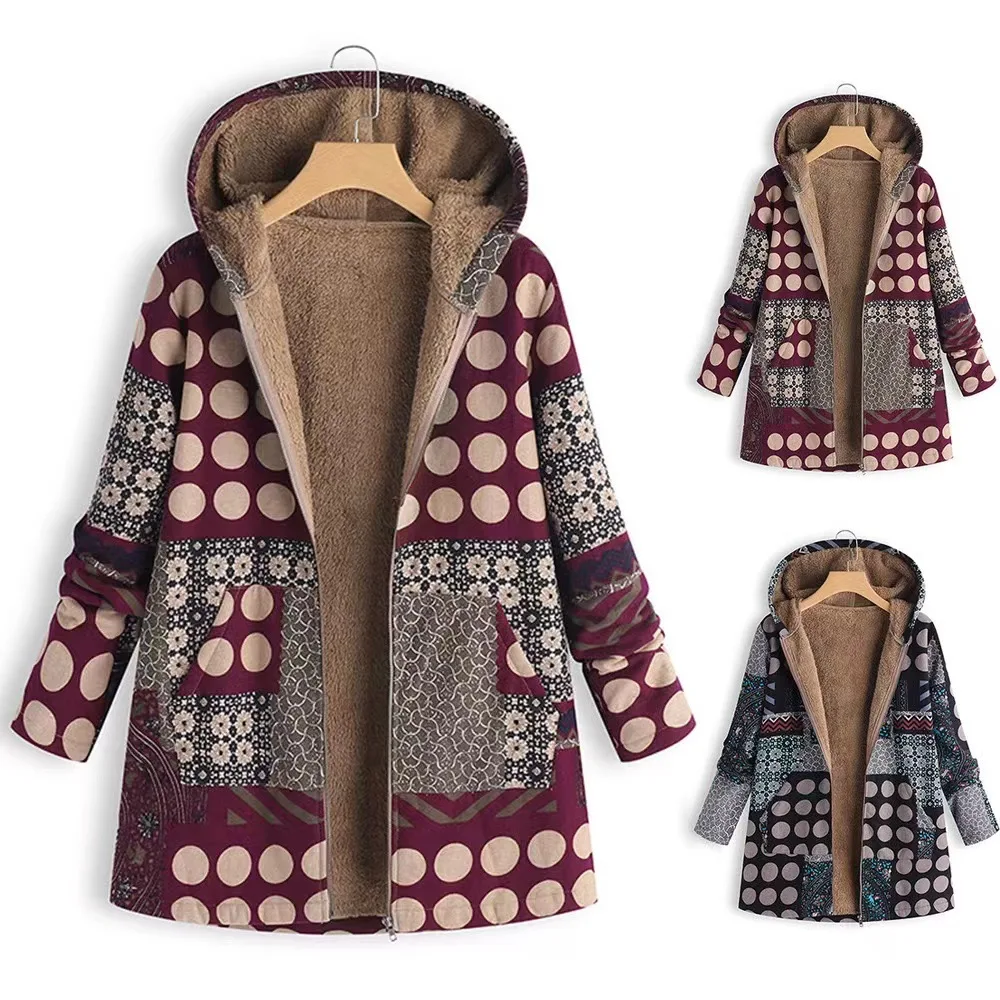 2025 Winter New Arrival Women's European American Casual Printed Linen Cotton Coat Fleece - Lined Hooded Zipper Warm Jacket