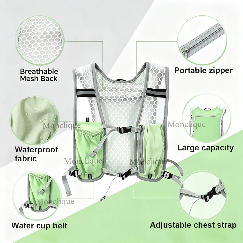 Reflective Moisturizing Sports Vest Multi-pocket Adjustable Chest Strap Breathable Lightweight Backpack Running Hiking Marathon