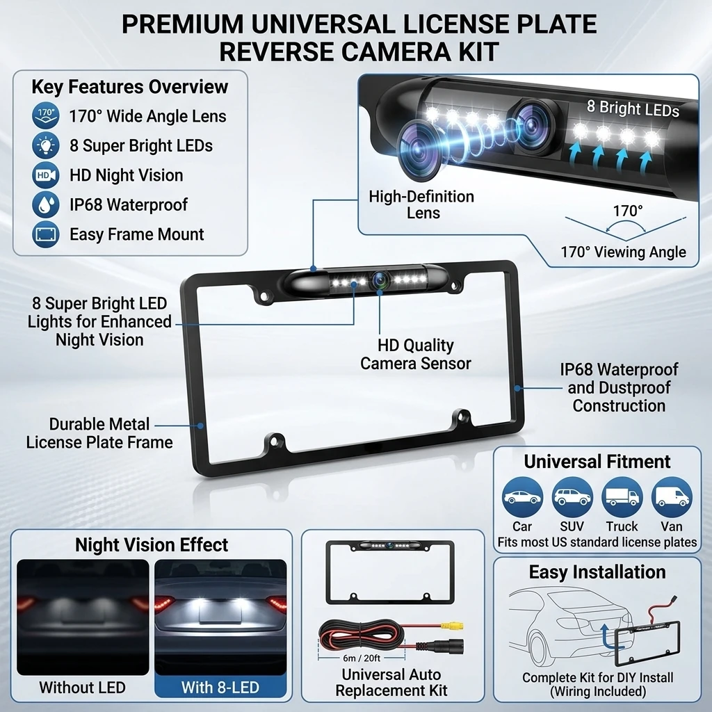 범용 차량용 후방 카메라, 170도 광각, 8개의 LE - License Plate Backup Camera Frame Mount 리뷰 및 가격