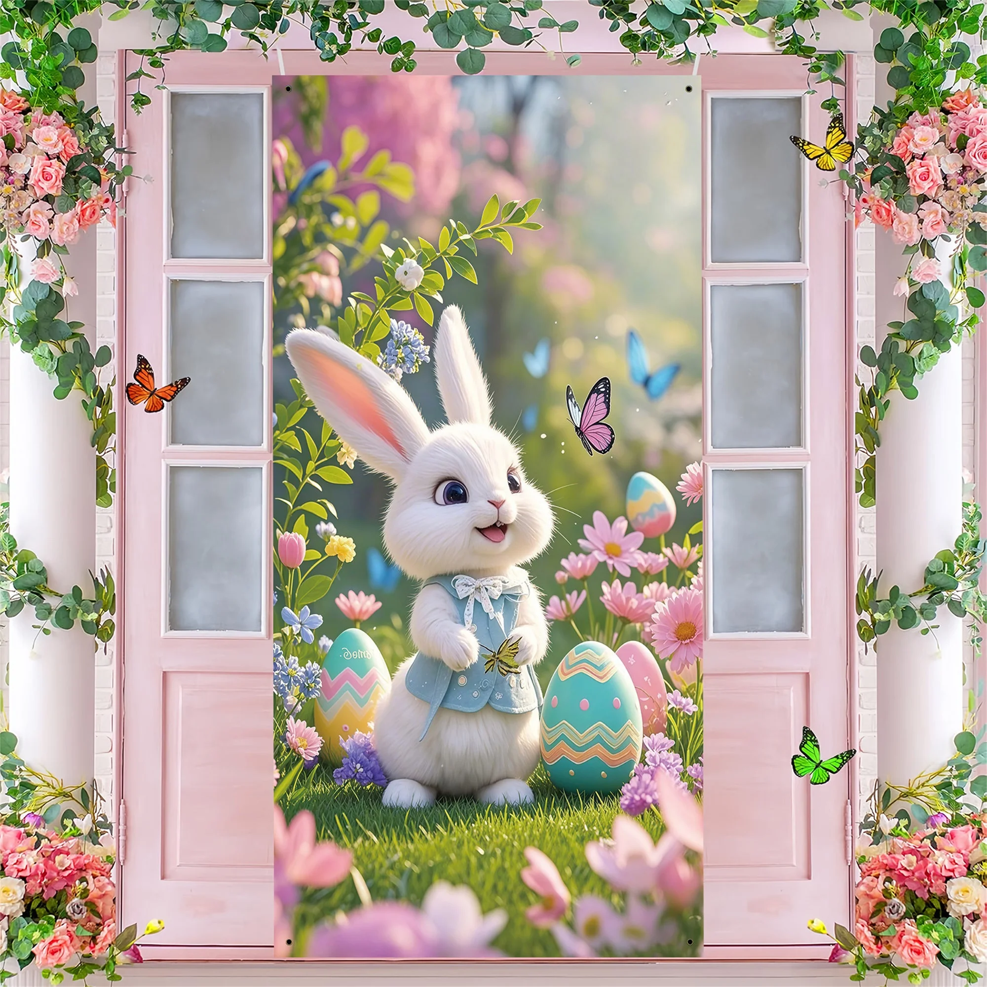 غطاء باب أرنب عيد الفصح، لافتة شرفة ملونة للعطلات المبتكرة لديكور حفلات المنزل والمكتب والمدرسة #4