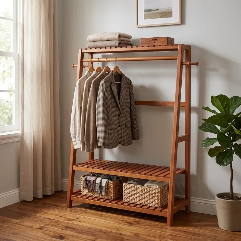 Solid Wood Coat Rack Floor Standing Hanger Bedside Trapezoidal Shelf Multifunctional Vertical Plant Stand File Organizer for