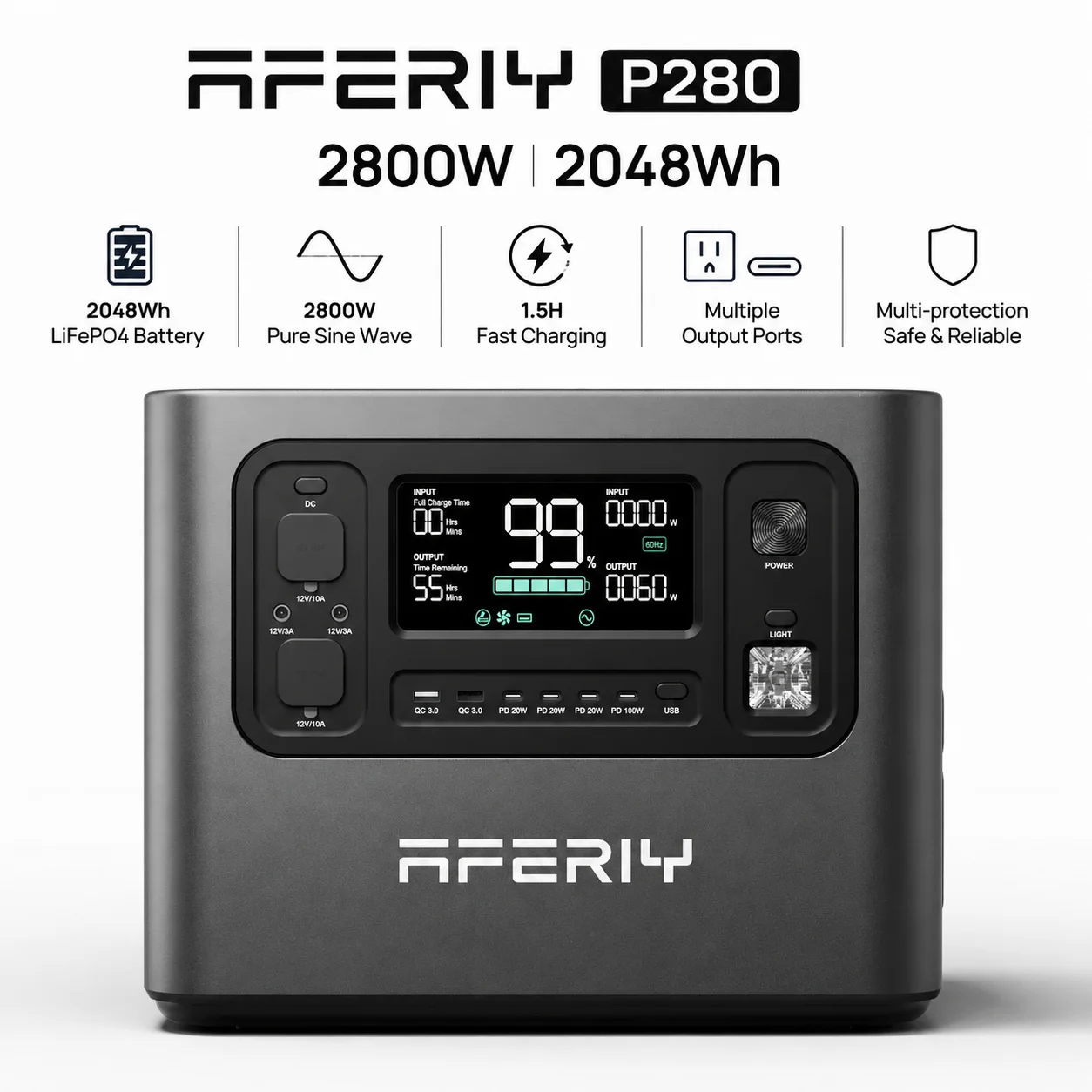 Station d'alimentation portable AFERIY P280 2800W 2048Wh avec batterie LiFePO4, batterie d'extension P280-B, générateur solaire 5600W pour maison et camping-car