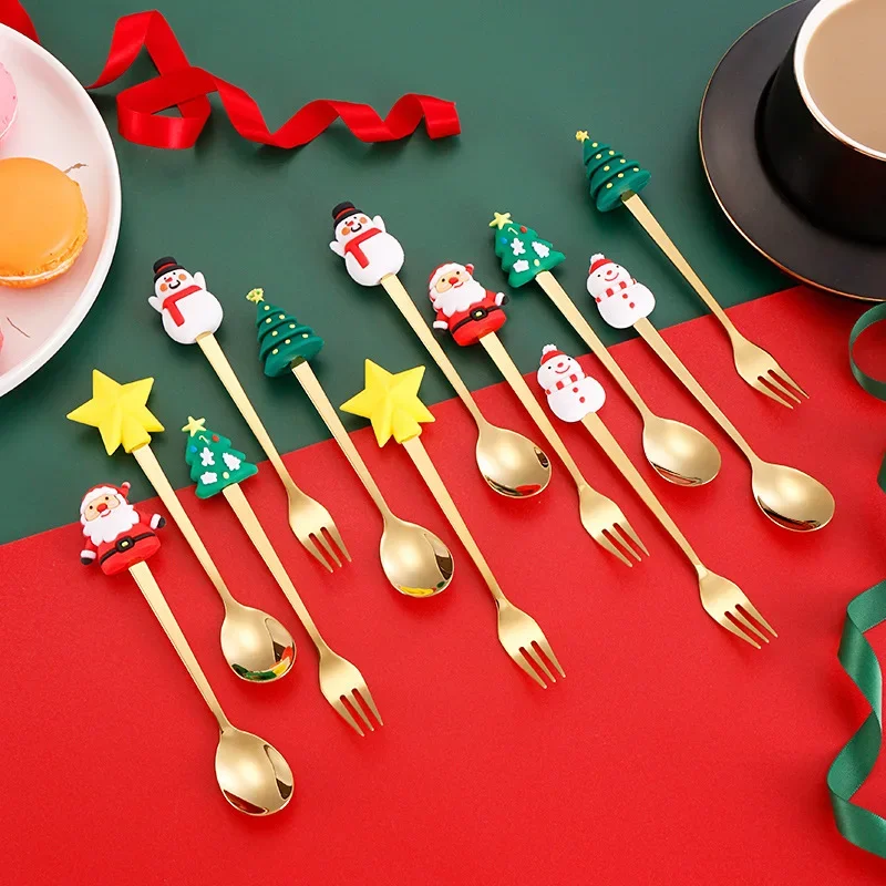 2/1PCS Christmas Tableware Set Stainless Coffee Dessert Spoons Fork Xmas Gifts Christmas Decoration 2023 New Year Home Decor