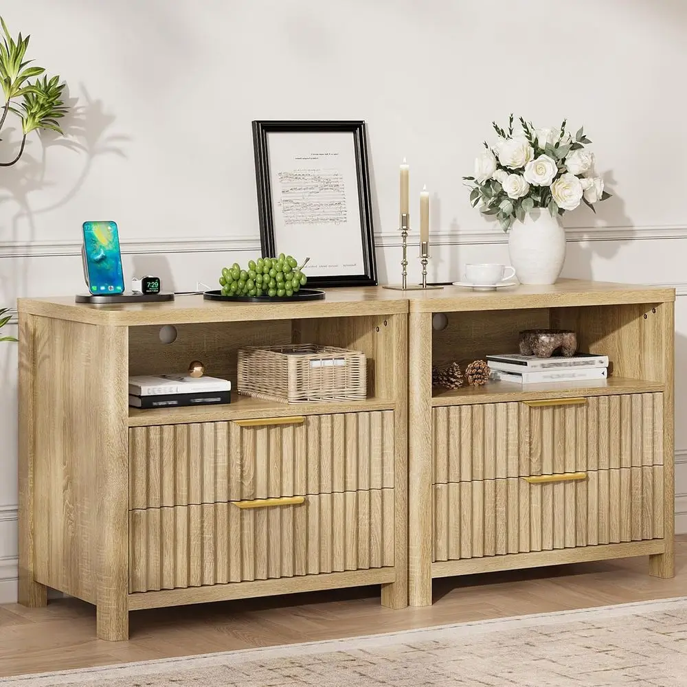 

Комплект прикроватных тумбочек с двумя выдвижными ящиками, 23,8 дюйма в ширину, из орехового дерева, с зарядной станцией, для современной спальни, простая сборка