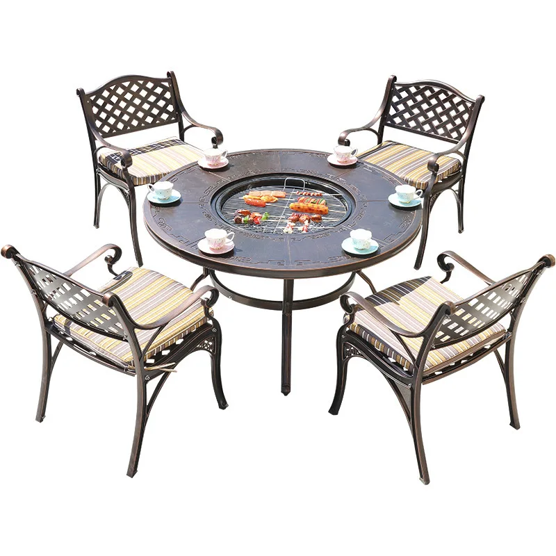 

Outdoor BBQ Table and Chair Villa Terrace Garden Combination Seat Cast Aluminum Carbon Grill Electric Oven Outdoor Leisure