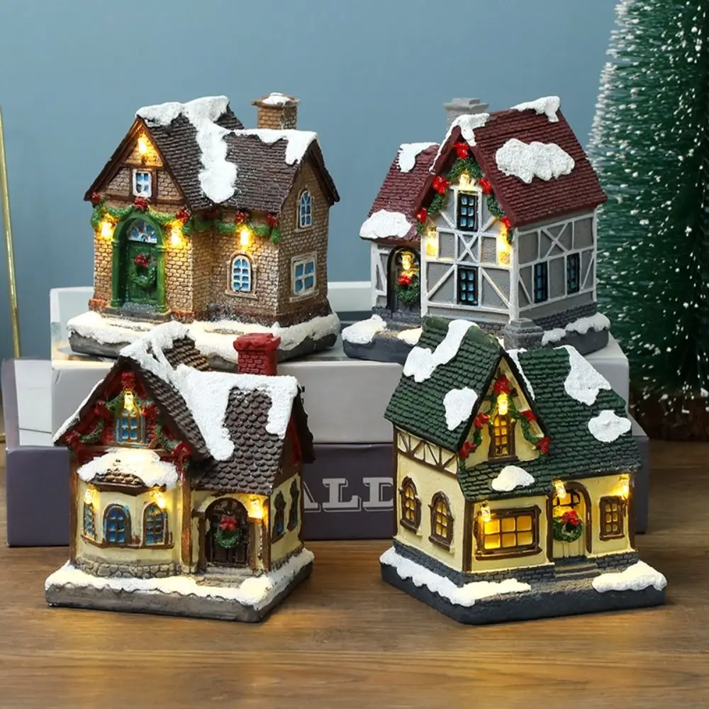 

Resin Christmas Village Ornaments Figurines Decoration Santa Claus LED Snow View House Christmas Scene Village