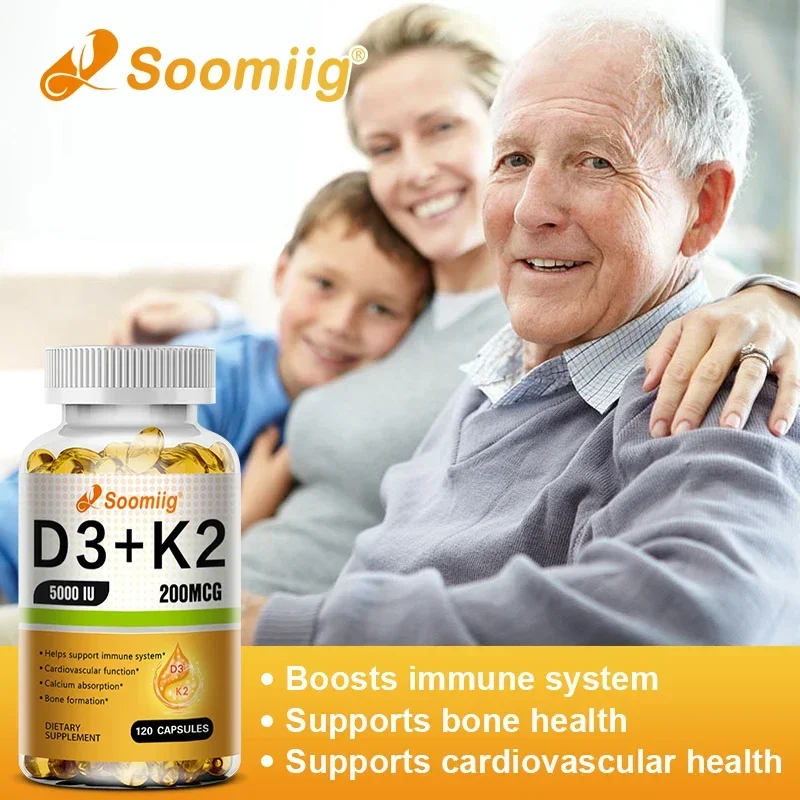 Cápsulas de vitamina D3 5000IU y 200 Mcg K2 (MK-7) para absorción de calcio, regeneración ósea, soporte inmunológico, fácil de derretir