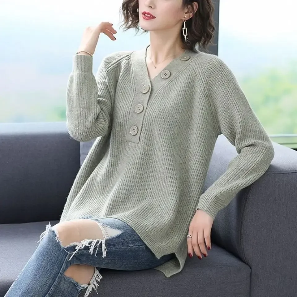 

Knitted Top for Women Pullovers Winter Button Ladies Sweaters Long V-neck Blue in Promotion Clothes Sleeve Autumn 2024 Designer