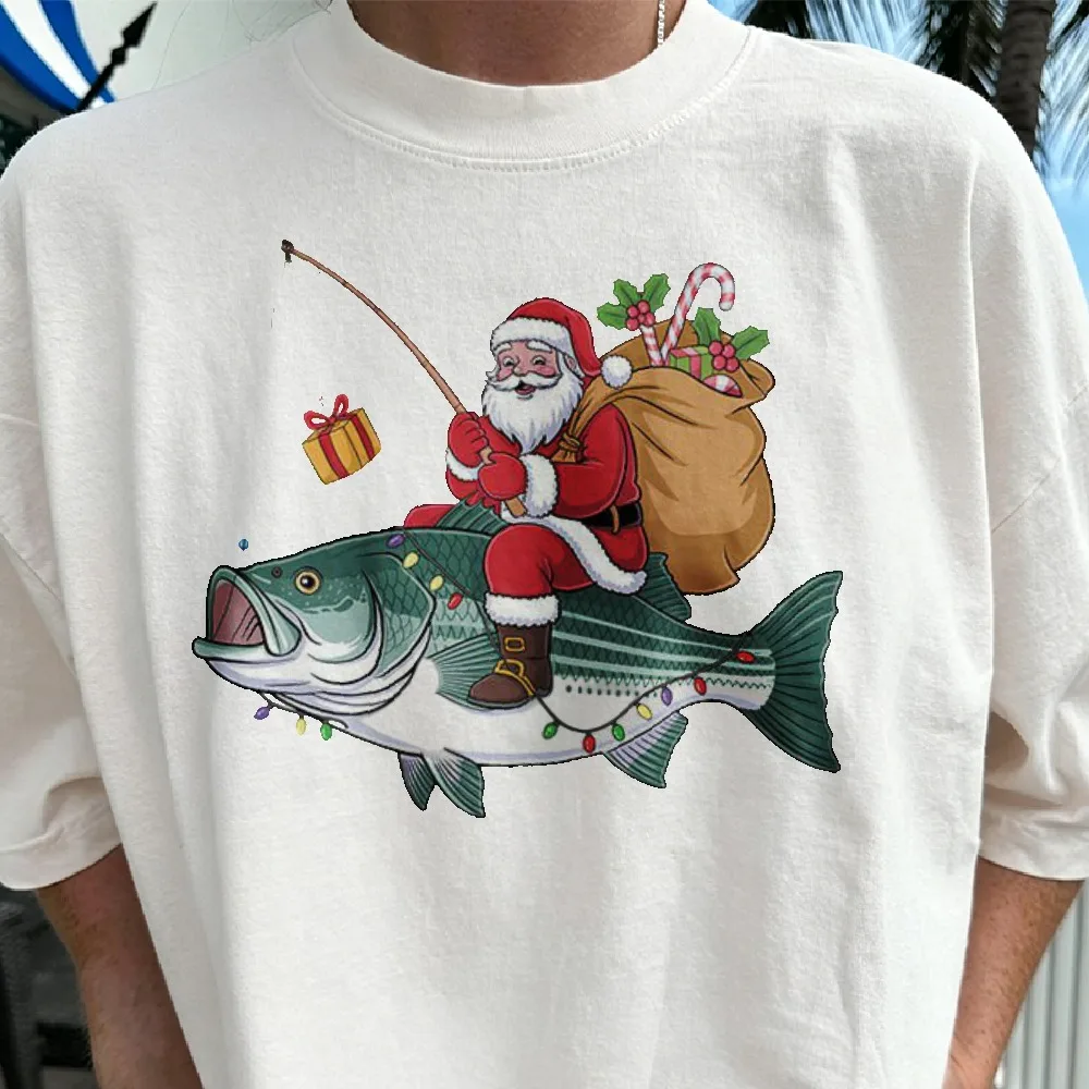 Men Women Christmas Santa Riding Bass Fish Graphic T-shirt Funny Santa Fishing with Gift Bag Xmas Light Print Short Sleeve Tees