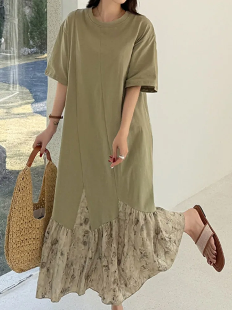 فستان نسائي صيفي جديد غير منتظم من كوريا فستان طويل من فيستدوس رداء Elbise فضفاض مقاس كبير بحاشية مرقعة لون أسود